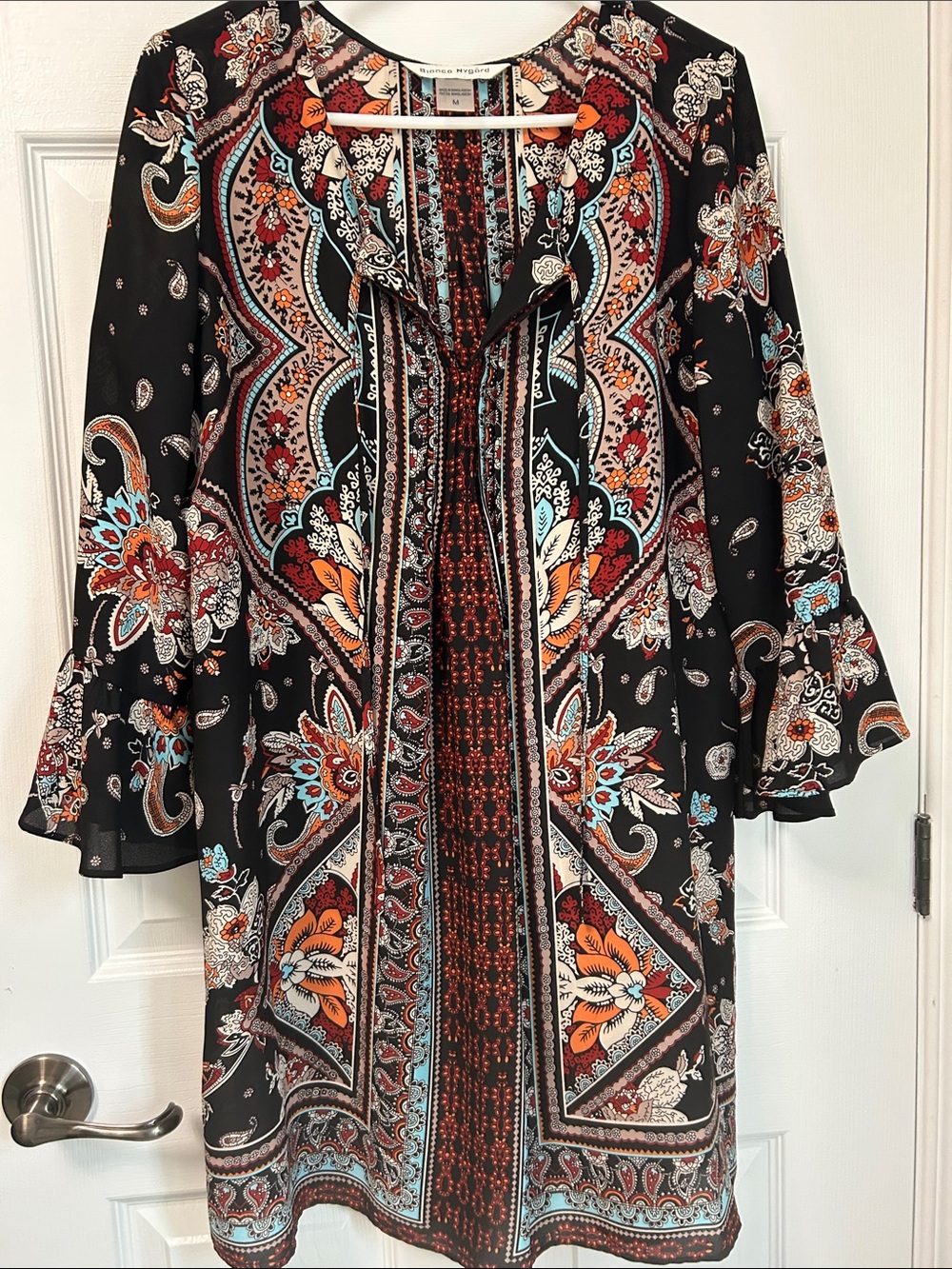Black Paisley Floral Midi Dress with Bell Sleeves